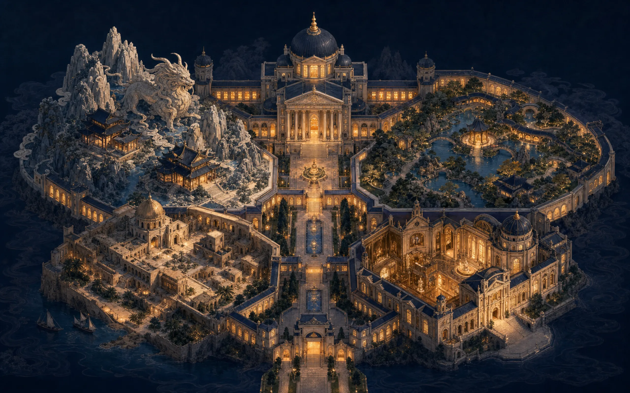 Concept illustration: a palace atlas drawn in gold line