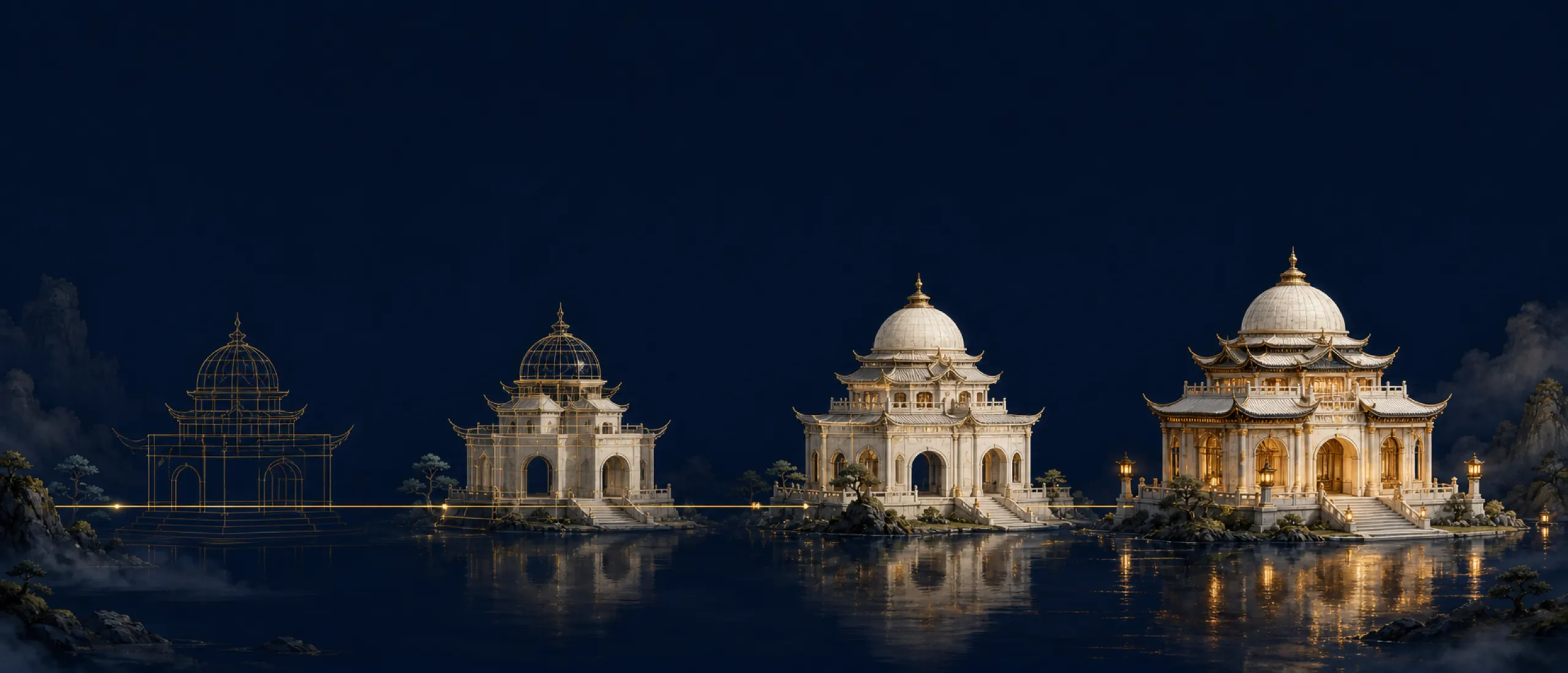 Concept illustration: four palaces on a night lake, from gold wireframe to fully lit
