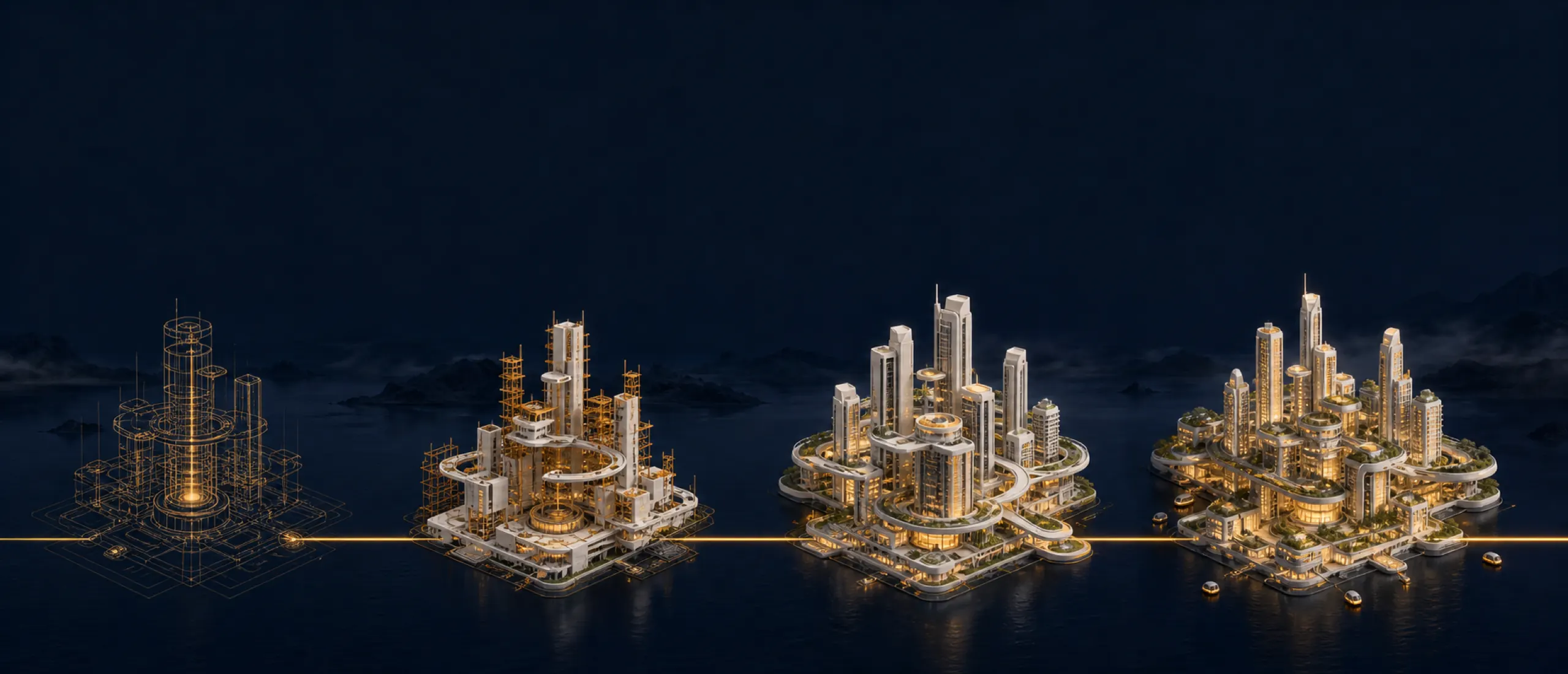 Concept illustration: four stages along one gold line, from wireframe to a lit city